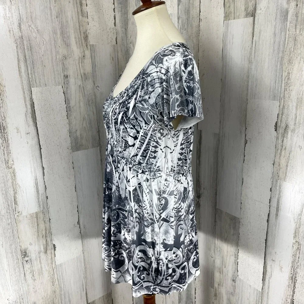 Apt 9 Women's Gray Studded Short Sleeve Liquid Knit Stretch‎ Shirt Top Blouse M